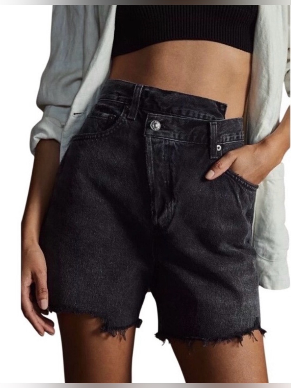 Agolde Black Criss Cross High-Rise Raw Hem Denim Black Shorts size 27 EUC